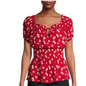 No Boundaries Red Puff Sleeve Blouse with Ruched Tie Front